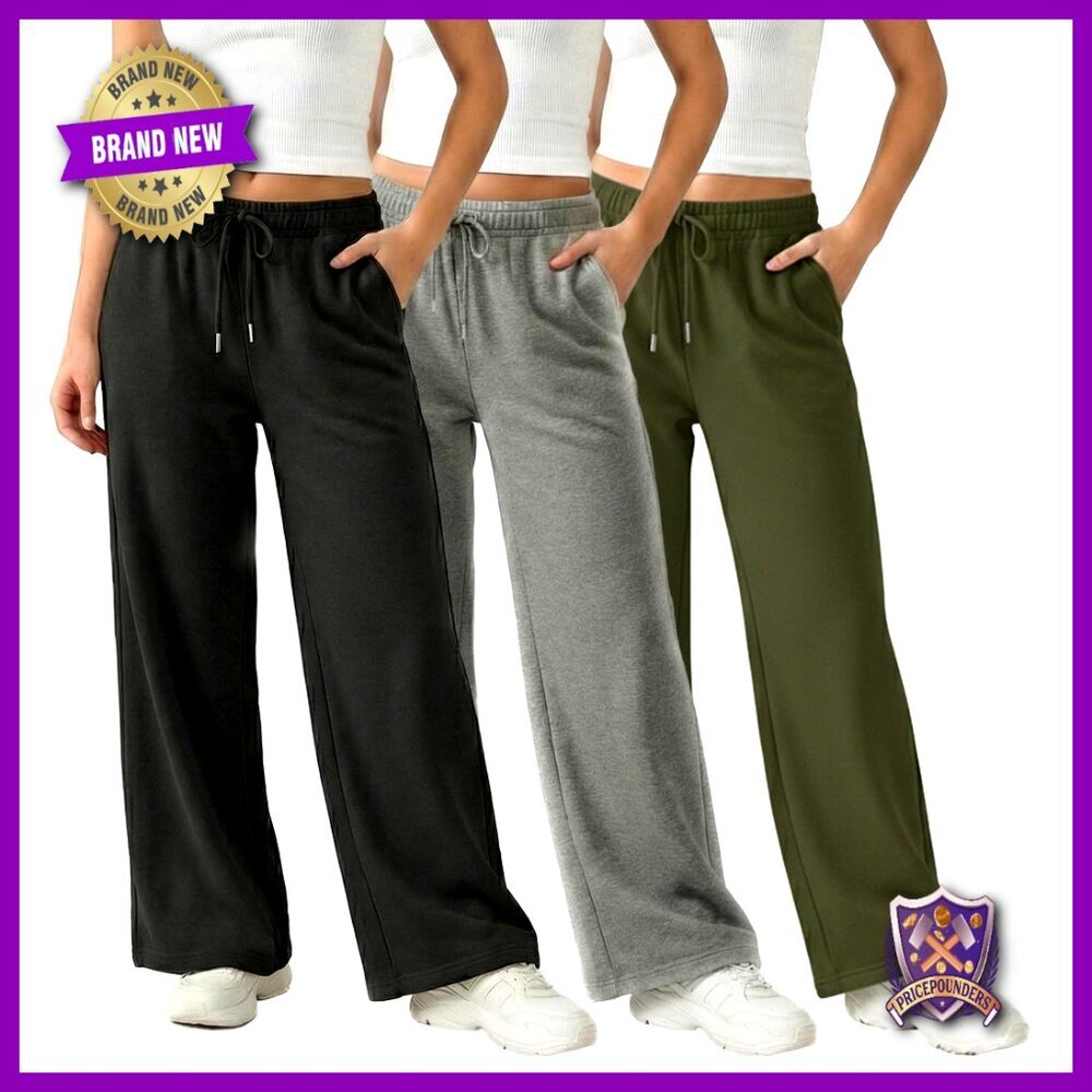 3 Pack Wide Leg Sweatpants, Fleece Lounge Pants, Yoga Workout Activewear